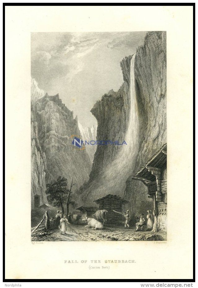 Der STAUBBACHFALL (KANTON BERN) Mit Hübscher Personen-und Tierstaffage Im Vordergrund, Stahlstich Von Bartlett/Step - Lithographies