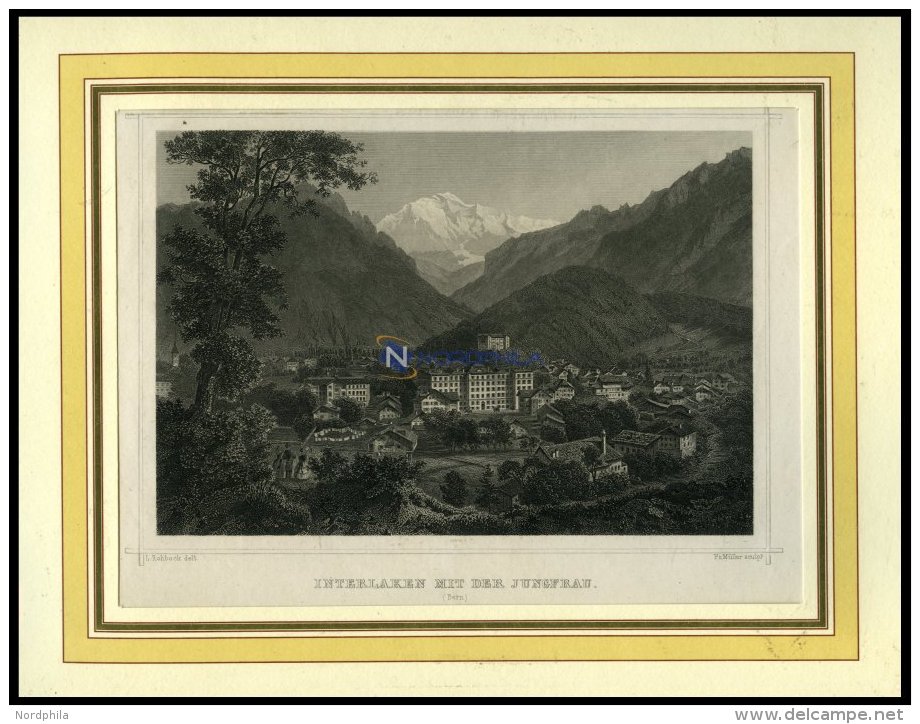 INTERLAKEN, Gesamtansicht Mit Der Jungfrau, Stahlstich Von Rohbock/Müller Um 1840 - Lithographies