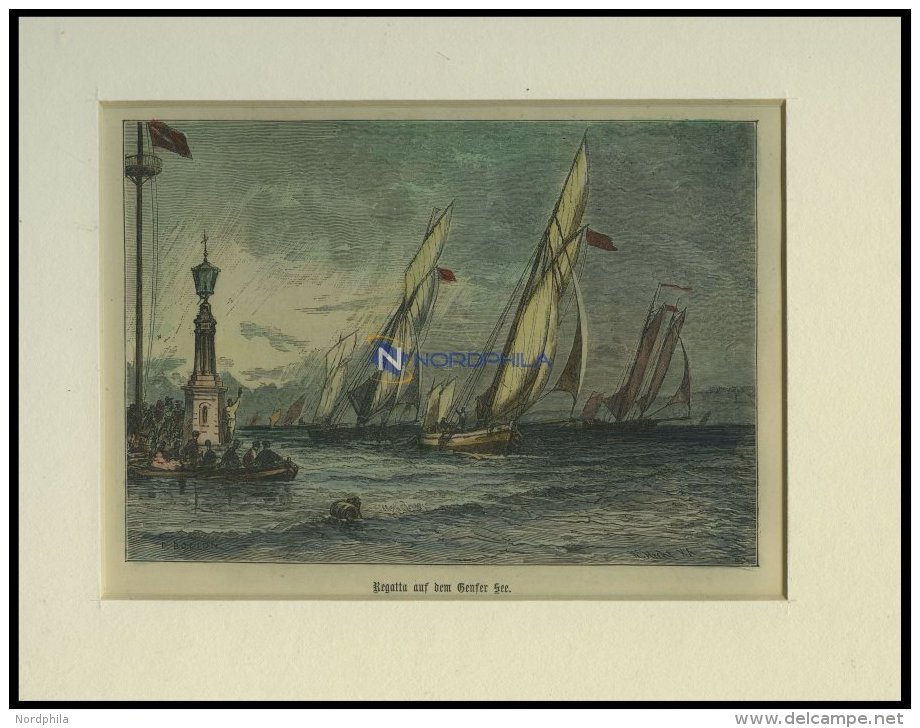 GENFER SEE: Boote Auf Dem See, Kolorierter Holzstich Um 1880 - Lithographies