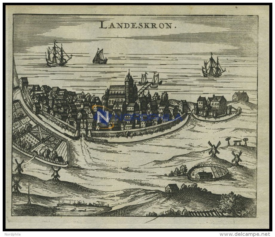 LANDSKRONA, Gesamtansicht Mit Reizender Schiffsstaffage, Kupferstich Von Zeiller 1655 - Lithographies
