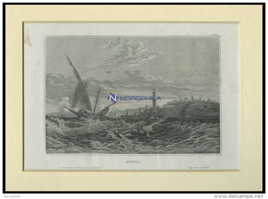 GENUA, Ansicht Von Aufgewühlter See Aus Gesehen, Stahlstich Von B.I. Um 1840 - Lithographies