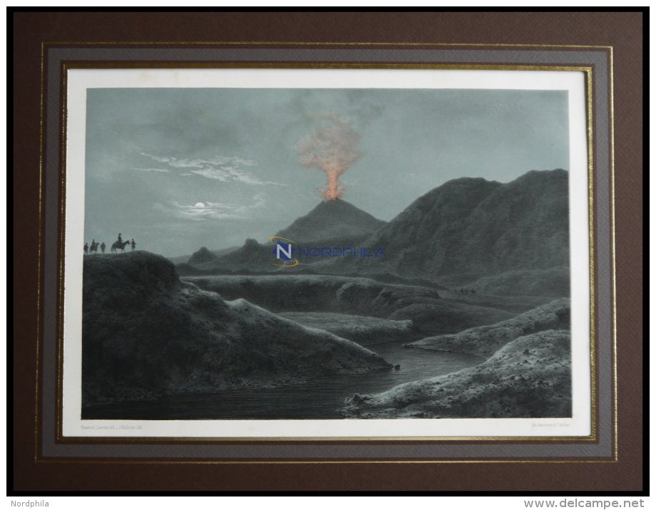 HEKLA (Parti Ved Hekla Seet Fra Selsund), Vulkanausbruch Bei Mondschein, Lithographie Mit Tonplatte Von J. Hellsen Nach - Lithographies