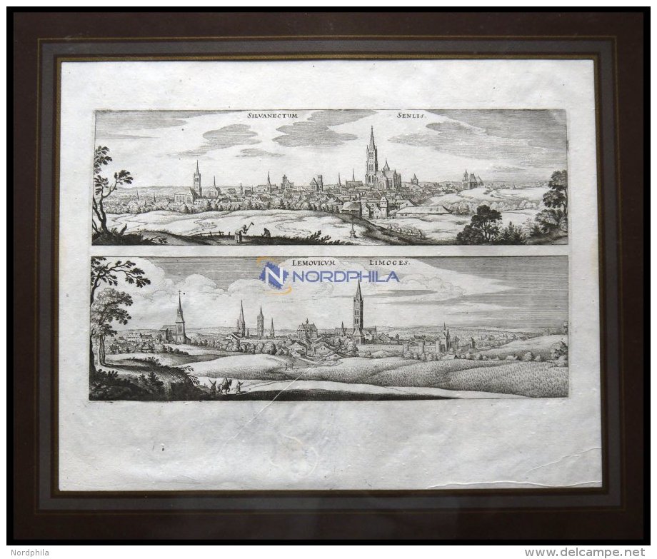 LIMOGES Und SENLIS, 2 Gesamtansichten Auf Einem Blatt, Kupferstich Von Merian Um 1645 - Litografia