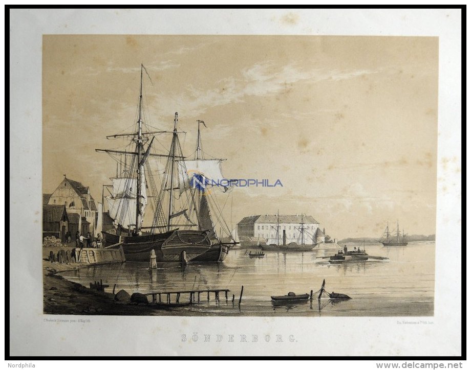 SONDERBURG (Sönderborg), Hafenansicht Mit Segelbooten, Lithographie Mit Tonplatte Von Alexander Nay Nach C. Frederi - Lithographies
