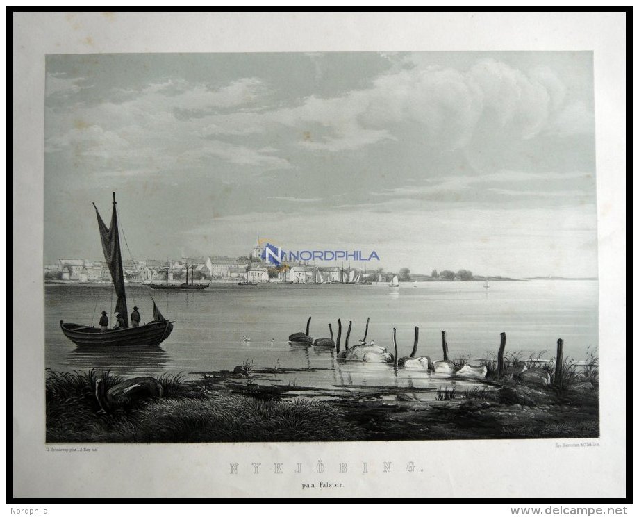 NYKÖBING (Nykjöbing Paa Falster), Gesamtansicht Vom Wasser Aus Gesehen Mit Segelschiffen Im Vordergrund, Litho - Lithographies