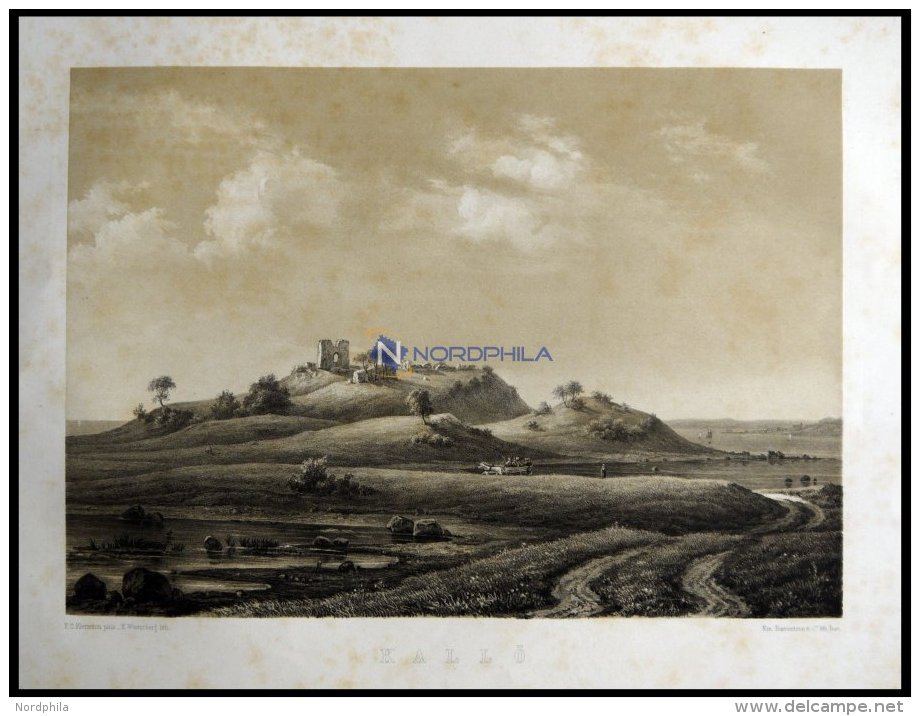 KALLÖ (Kallö), Landschaft Mit Burgruine, Lithographie Mit Tonplatte Von E. Westerberg Nach F.C. Kierschou Bei - Lithographies