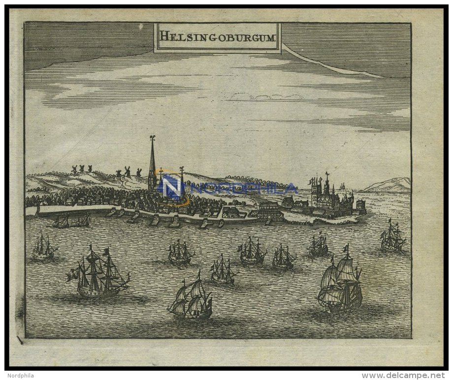 HELSINGØR, Gesamtansicht Mit Dekorativer Schiffsstaffage Im Vordergrund, Kupferstich Von Zeiller 1655 - Lithographies