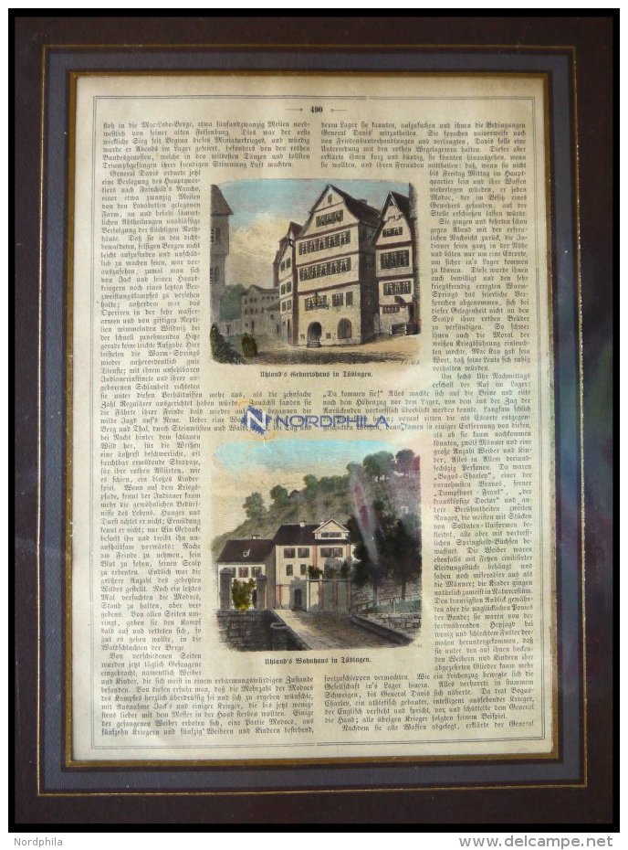 TÜBINGEN, Uhland`s Geburtshaus Und Wohnung, 2 Kolorierter Holzstiche Auf Einem Blatt Um 1880 - Lithographies