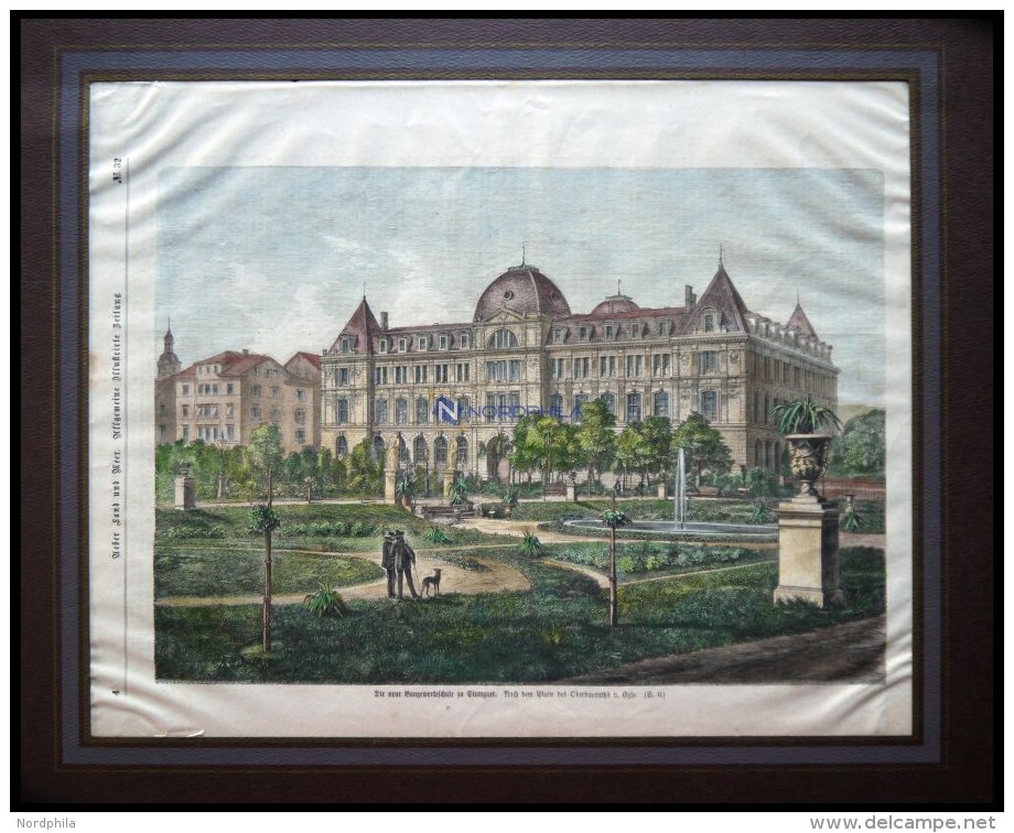 STUTTGART: Die Neue Baugewerbeschule, Kolorierter Holzstich Um 1880 - Lithographies