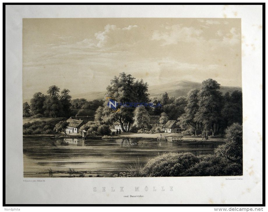 SELK (Selk Mölle Ved Danevirke), Blick über See Auf Den Ort Mit Mühle, Lithographie Mit Tonplatte Von J. - Lithographies