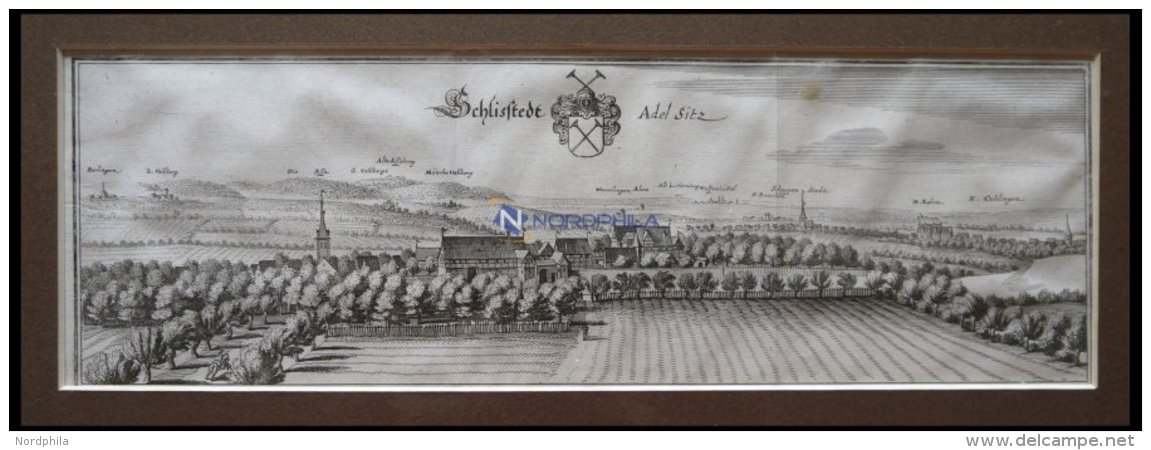 SCHÖPPENSTEDT (Schliestedt), Gesamtansicht, Kupferstich Von Merian Um 1645 - Lithographies
