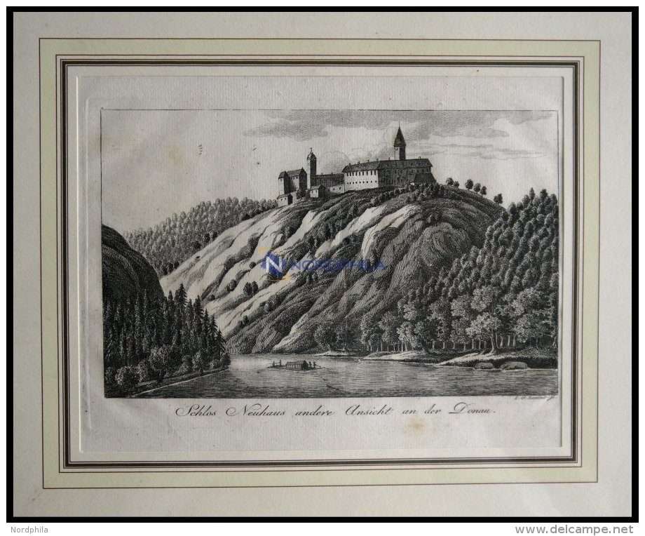 SCHLOSS NEUHAUS Von Der Donau Aus Gesehen, Kupferstich Von Laminit Um 1820 - Lithographies