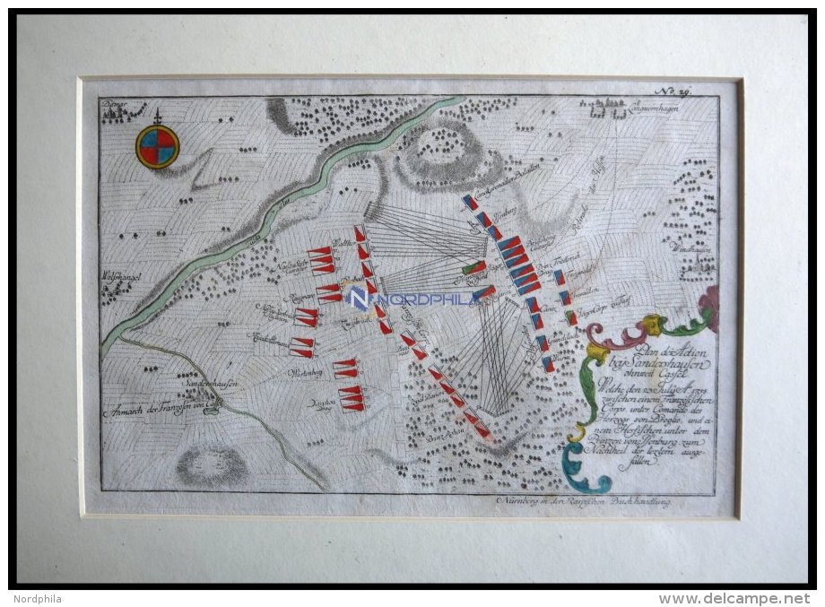 SANDERSHAUSEN, Plan Der Schlacht Vom 23.7.1758, Altkolorierter Kupferstich Von Ben Jochai Bei Raspische Buchhandlung 176 - Lithographies