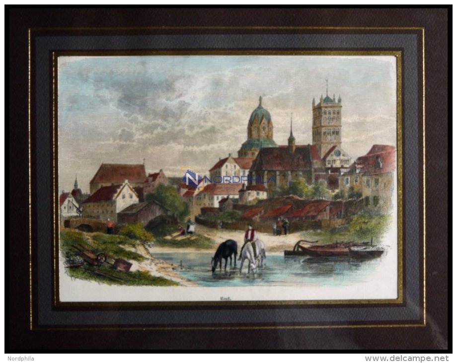 NEUSS, Gesamtansicht, Kolorierter Holzstich Aus Stieler Um 1880 - Lithographies