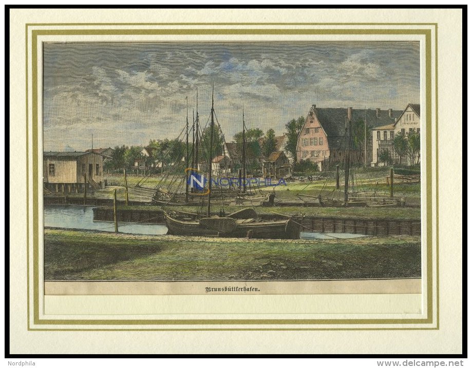 BRUNSBÜTTEL: Der Hafen, Kolorierter Holzstich Um 1880 - Litografia