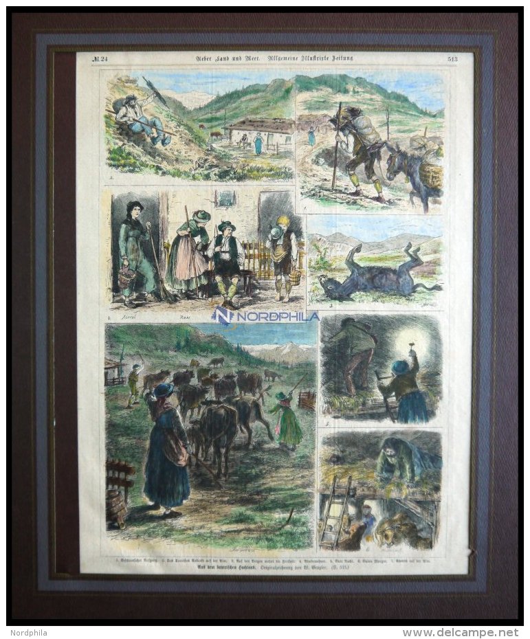 BAYERISCHES HOCHLAND, 7 Ansichten Auf Einem Blatt, Kolorierter Holzstich Von Grögler Um 1880 - Litografia