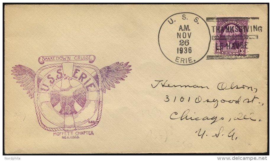 FELDPOST 1936, Brief Mit K1 Des US-Kanonenbootes U.S.S. ERIE Und Abstempelung Thanksgiving Le Havre, Pracht - Oblitérés