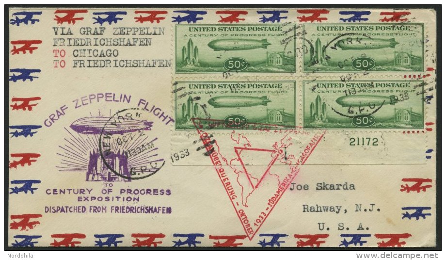 VEREINIGTE STAATEN 358 VB BRIEF, 1933, 50 C. Chicagofahrt Im Viererblock Mit Plattennummer Auf FDC, Pracht, RR! - Oblitérés