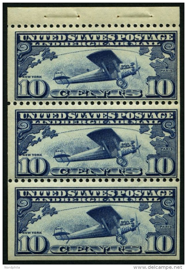 USA 306C **, Scott C 10a, 1927, 10 C. Heftchenblatt Transatlantik-Alleinflug, Postfrisch, Pracht, $ 120.- - Usati