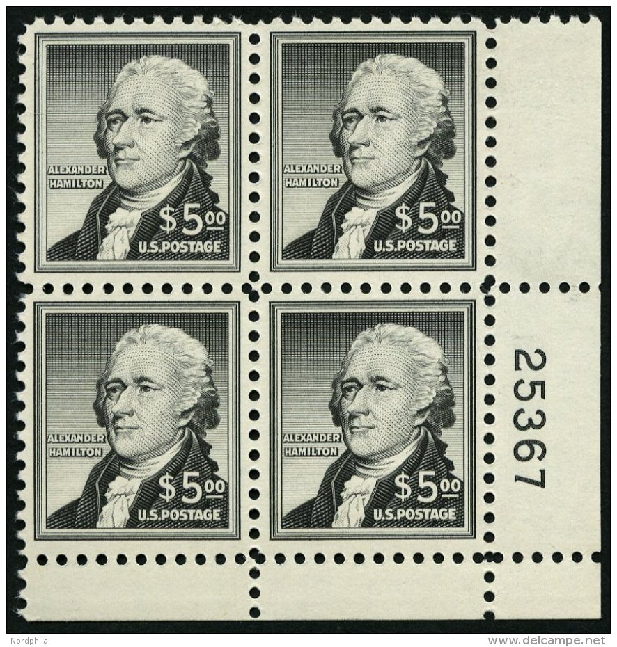 USA 675 VB **, Scott 1053, 1956, 5 $ Hamilton Im Unteren Rechten Eckrandviererblock Mit Plattennummer, Pracht, $ 230.- - Oblitérés