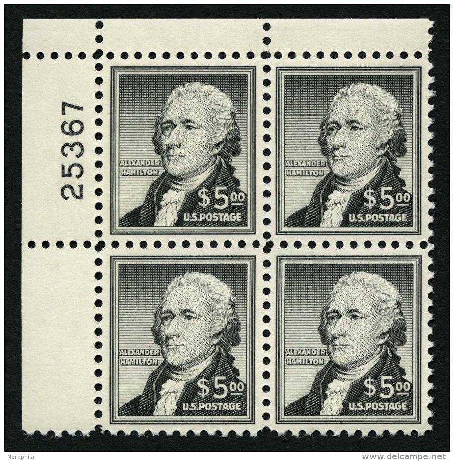 USA 675 VB **, Scott 1053, 1956, 5 $ Hamilton Im Oberen Rechten Eckrandviererblock Mit Plattennummer, Pracht, $ 230 - Oblitérés