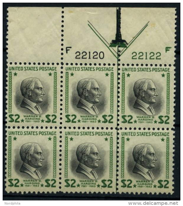 USA 440b **, Scott 833, 1943, 2 $ Grün/schwarz Harding Im Sechserblock Mit 2 Plattennummern, Pracht, $ 135.- - Oblitérés