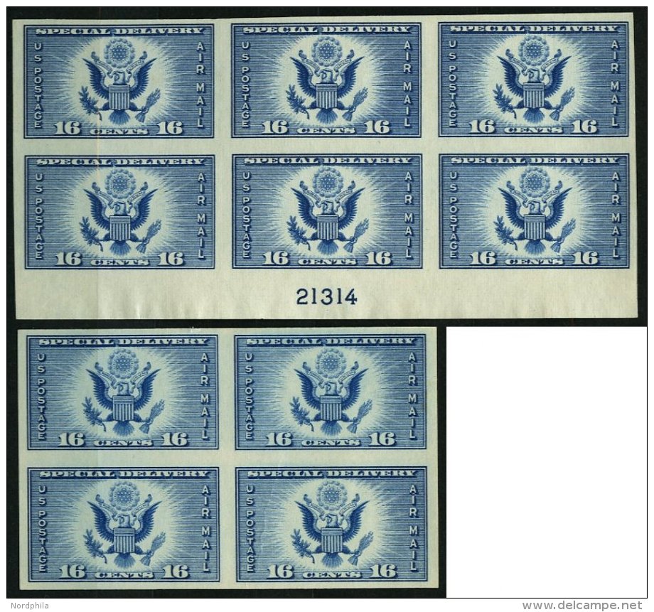 USA 374BS (*), Scott 771, 1934, 16 C. Flugpost-Eilmarke, Ungezähnt, Im Sechserblock Mit Plattennummer Und Viererblo - Oblitérés
