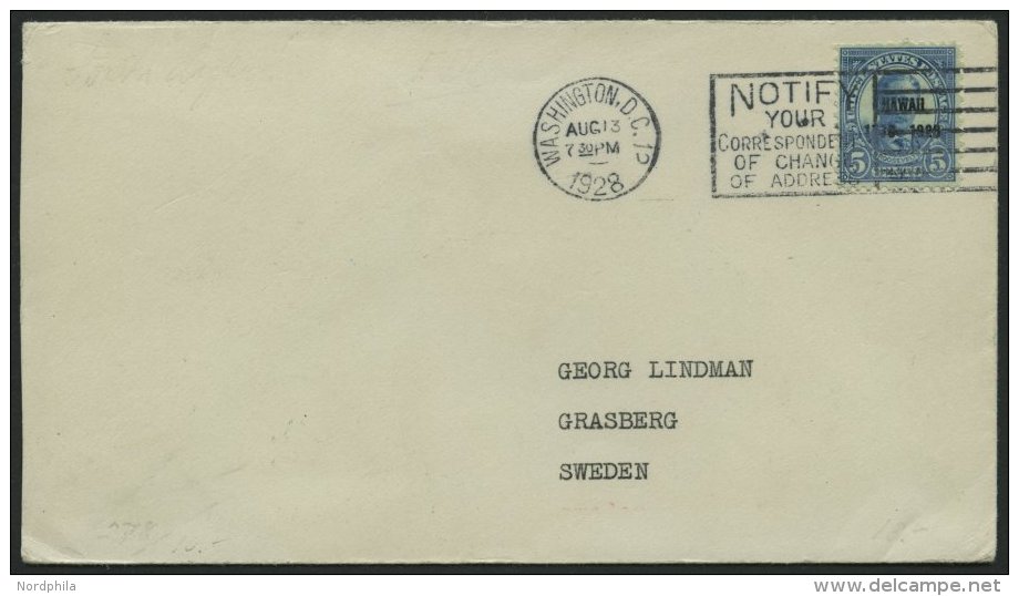 USA 312 BRIEF, Scott 648, 1928, 5 C. Hawaii Auf FDC Nach Schweden, Pracht - Oblitérés