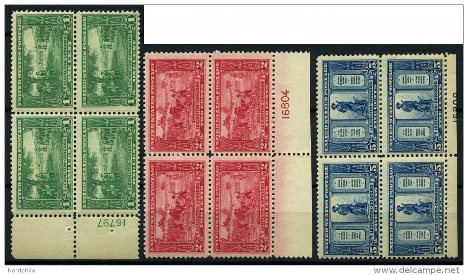 USA 293-95 VB **, Scott 617-19, Lexington-Concord Im Postfrischen Plattenviererblock, Feinst/Pracht (eine 1 C. Marke Kur - Oblitérés