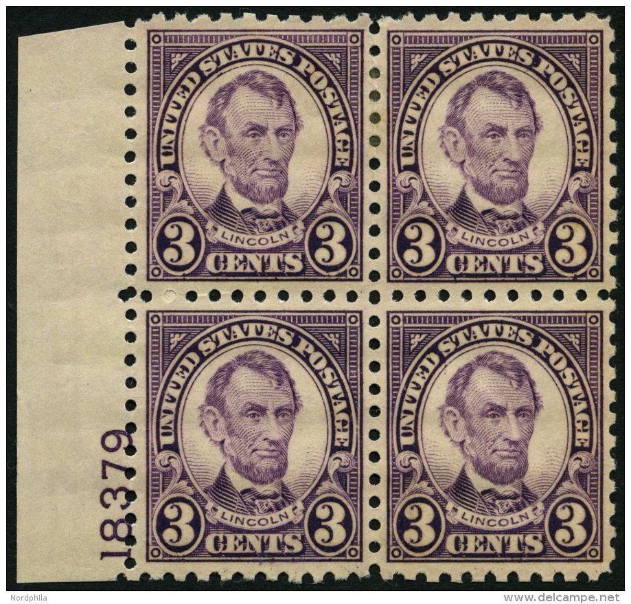 USA 264C VB **,* , Scott 584, 1925, 3 C. Lincoln, Gezähnt L 10, Im Plattenviererblock, Die Beiden Unteren Werte Pos - Oblitérés