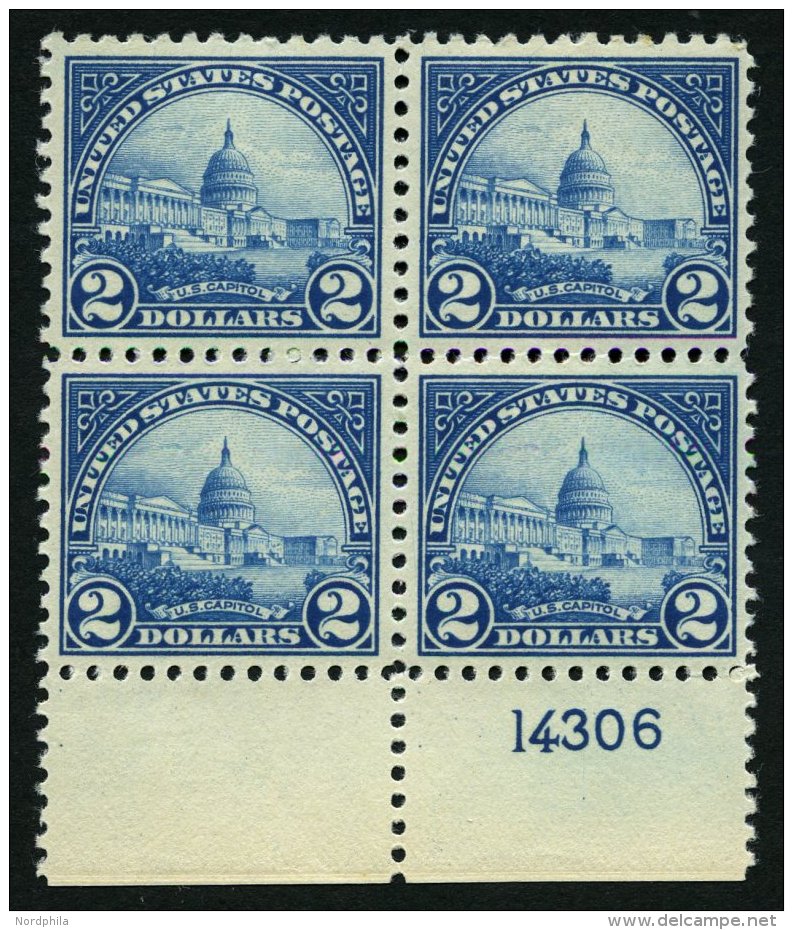 USA 284 VB **, Scott 572: 1923, 2 $ Kapitol Im Postfrischen Unterrandviererblock Mit Plattennummer, Pracht - Oblitérés