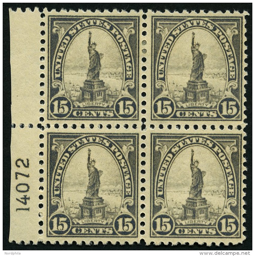 USA 277 VB **,* , Scott 566, 1922, 15 C. Freiheitsstatue Im Plattenviererblock, Die Beiden Unteren Werte Postfrisch, Pra - Oblitérés