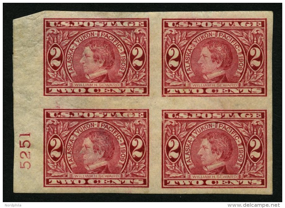 USA 176B VB *,** , Scott 371, 1909, 2 C. Alaska-Yukon-Pacific-Ausstellung, Ungezähnt, Im Viererblock Mit Plattennum - Oblitérés