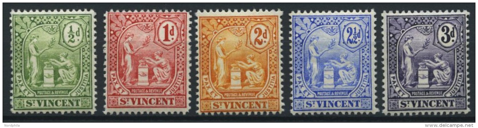 ST. VINCENT 70-74 *, 1907, Kolonialwappen, Landesname Auf Weißem Grund, Falzrest, Prachtsatz, Mi. 60.- - St.Vincent (...-1979)