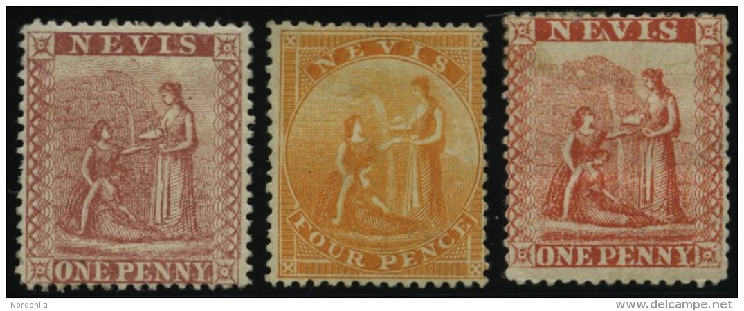 NEVIS 5,6,8 *, 1866/76, 1 P., 4 P. Und 1. P. Heilquelle, Falzreste, 3 Werte Feinst/Pracht - St.Kitts-et-Nevis ( 1983-...)