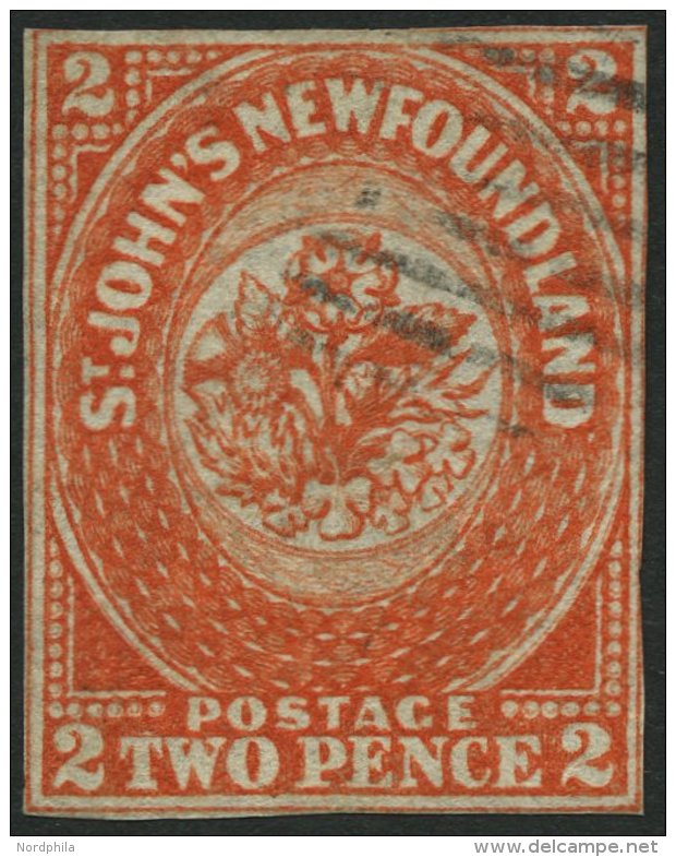 KANADA - NEUFUNDLAND 2b O, 1860, 2 P. Orange (SG.-Nr. 10), Zweiseitig Berührt Sonst Lupenrandig, Sehr Farbfrisch, F - 1857-1861