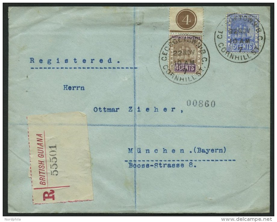 GUYANA 115,117 BRIEF, 1907, 4 Und 5 C. Sandbach Auf Einschreibbrief Nach Deutschland, Feinst - Guyane (1966-...)