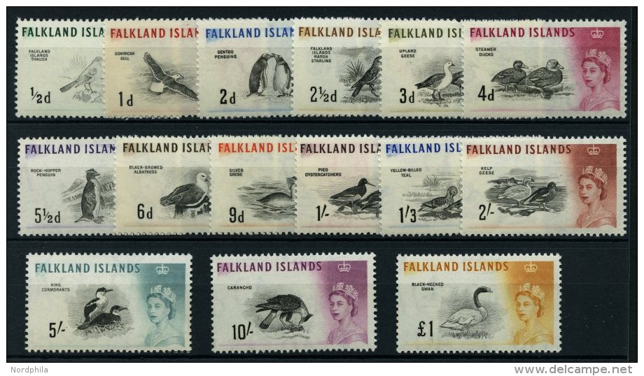 FALKLANDINSELN 123-37 **, 1960, Königin Elisabeth/Einheimische Vögel, Prachtsatz, Mi. 220.- - Falkland