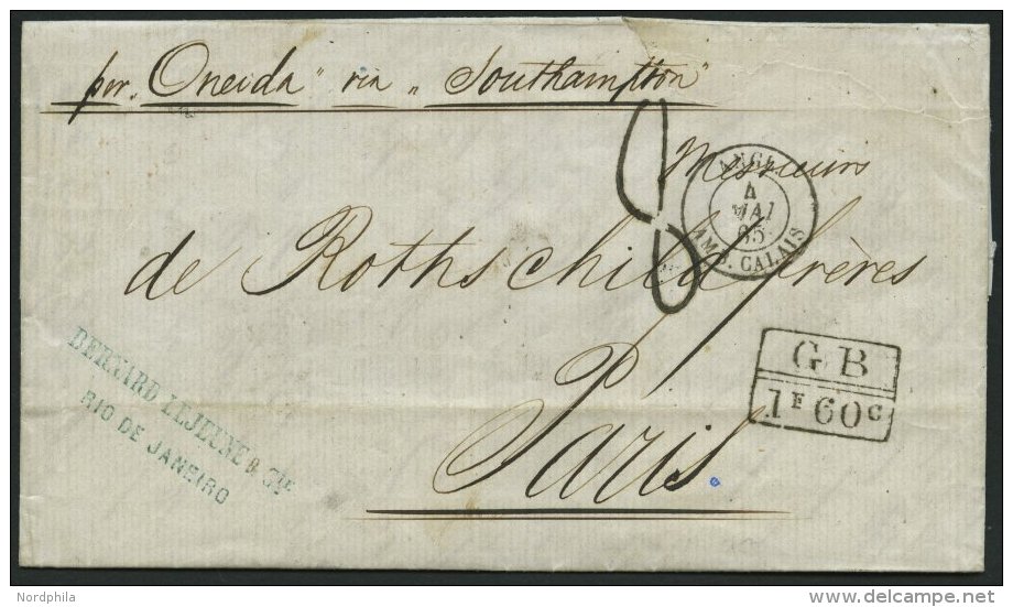 BRASILIEN 1865, Brief Von RIO DE JANEIRO Nach Paris, Mit Tax- Durchgangs- Und Ankunftstempel, Pracht - Autres & Non Classés