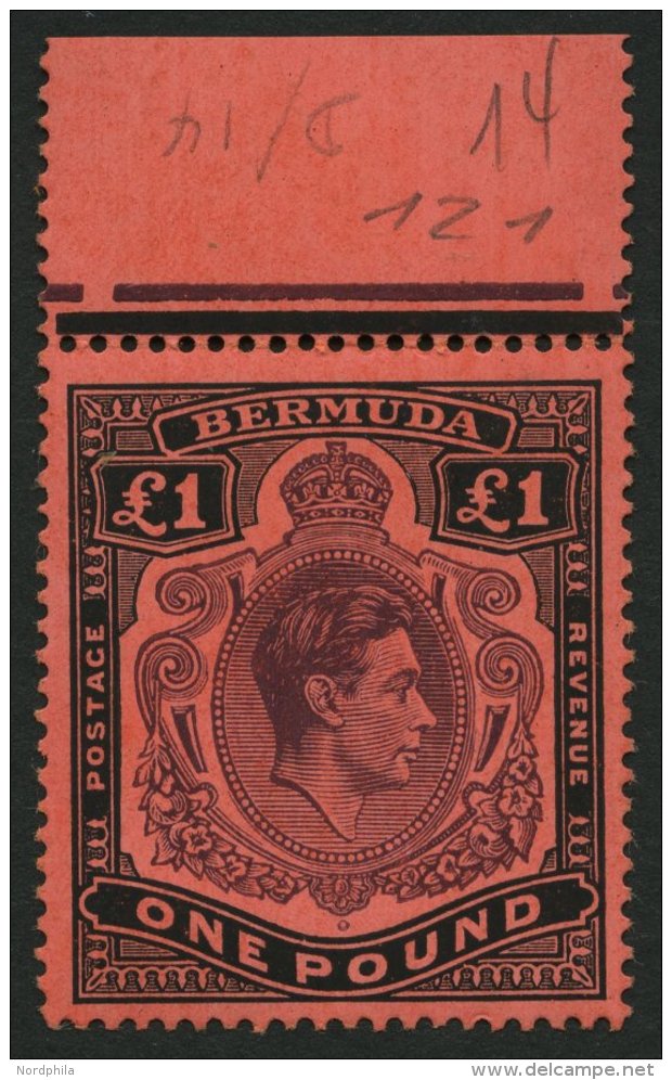 BERMUDA-INSELN 116a **, 1938, 1 &pound; Schwarz/purpur Auf Rot, Gezähnt 14 (SG 121), Postfrisch, Pracht - Bermudes