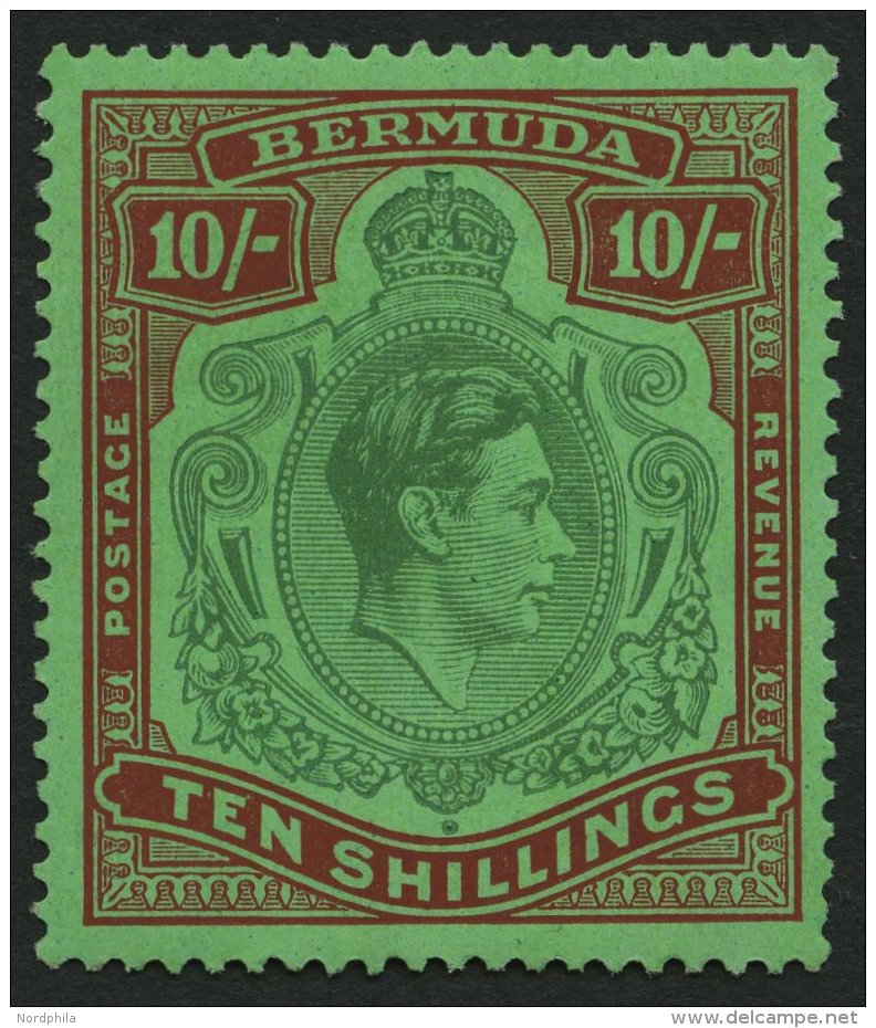 BERMUDA-INSELN 114a *, 1938, 10 Sh. Dunkelbraunrot/grün Auf Grün, Gezähnt 14, (SG 119), Pracht - Bermudes