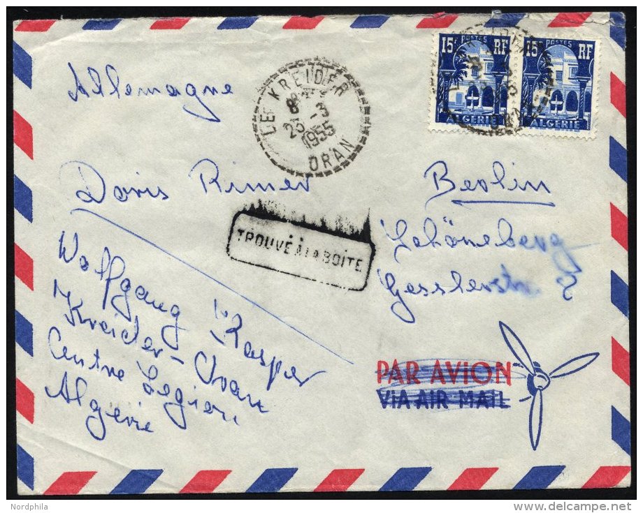 ALGERIEN 328 Paar BRIEF, 1955, 15 Fr. Blau/hellblau Im Paar Auf Brief Eines Deutschen Fremdenlegionärs Aus Der N&au - Lettres & Documents