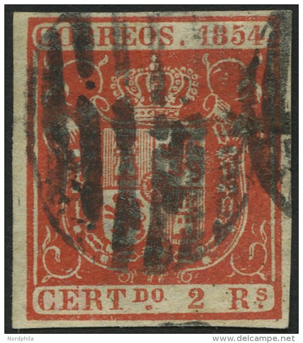 SPANIEN 28w O, 1854, 2 R. Zinnober, Dünnes Weißes Papier, Pracht, Gepr. Drahn, Mi. 110.- - Oblitérés