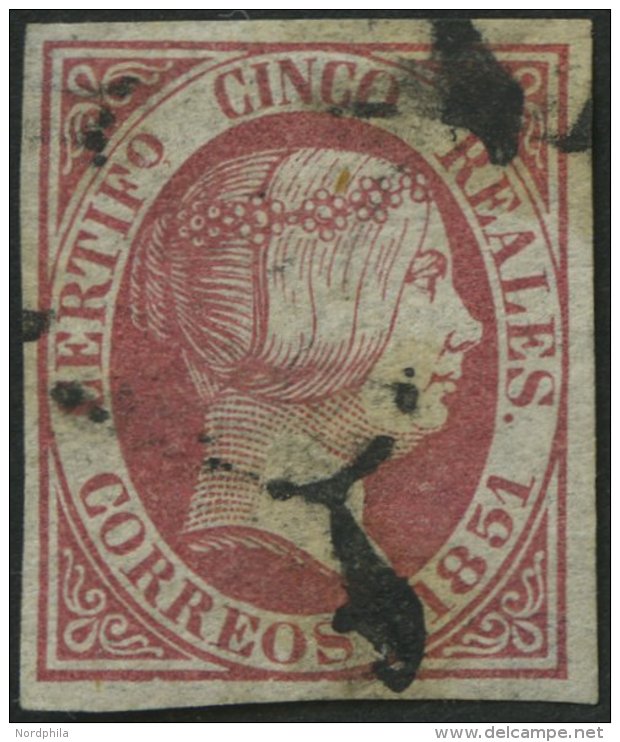 SPANIEN 9 O, 1851, 5 R. Rosa, Pracht, Signiert Zumstein, Mi. 280.- - Oblitérés