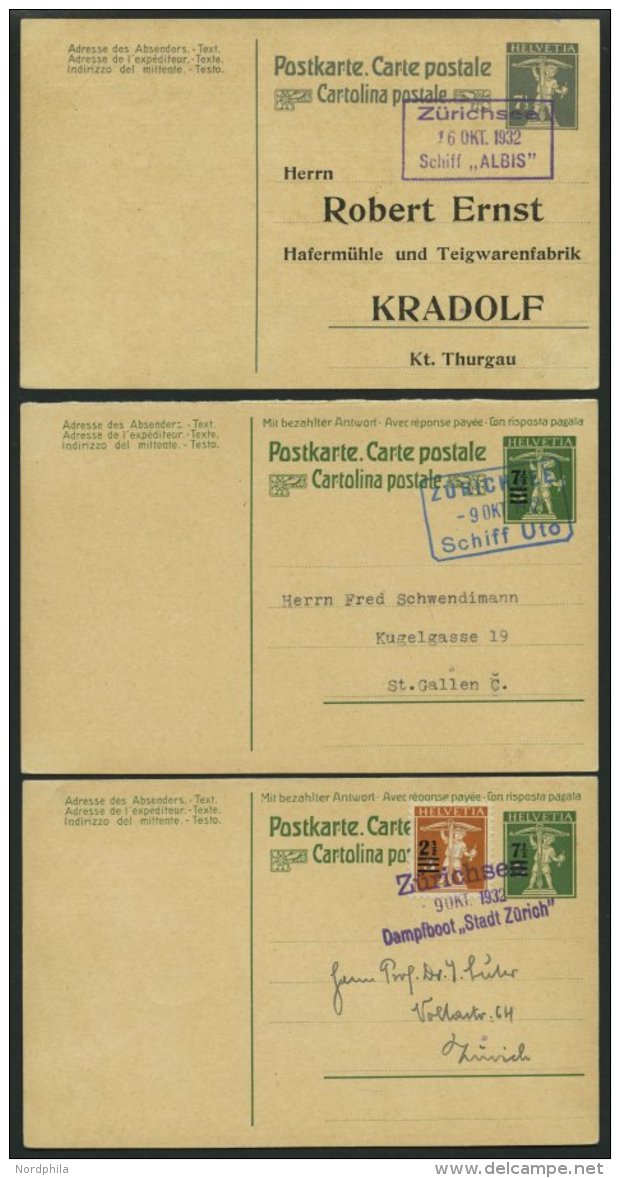 GANZSACHEN 1932, 3 Verschiedene Ganzsachen Mit Zürichsee-Schiffspost Stempeln ALBIS, UTO Und Stadt Zürich, Pra - Entiers Postaux