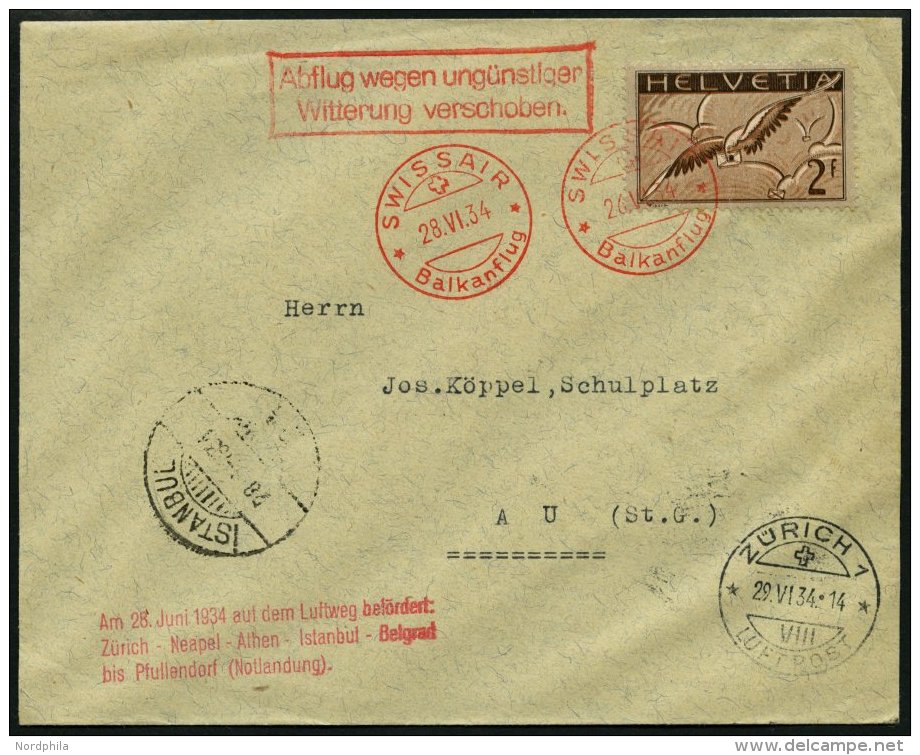 LUFTPOST SF 34.3 BRIEF, 28.6.1934, Swissair Balkanflug Nach Istanbul, Frankiert Mit Mi.Nr. 245z, Prachtbrief - Primi Voli