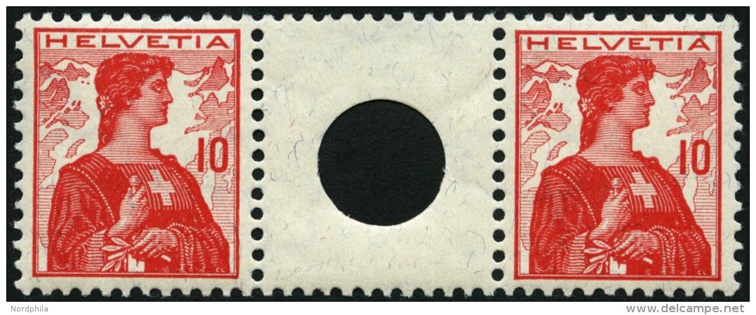 ZUSAMMENDRUCKE WZ 4IA **, 1909, Helvetia 10 + Z + 10, Type I, Zwischensteg Mit Großem Loch, Pracht, Mi. 100.- - Se-Tenant