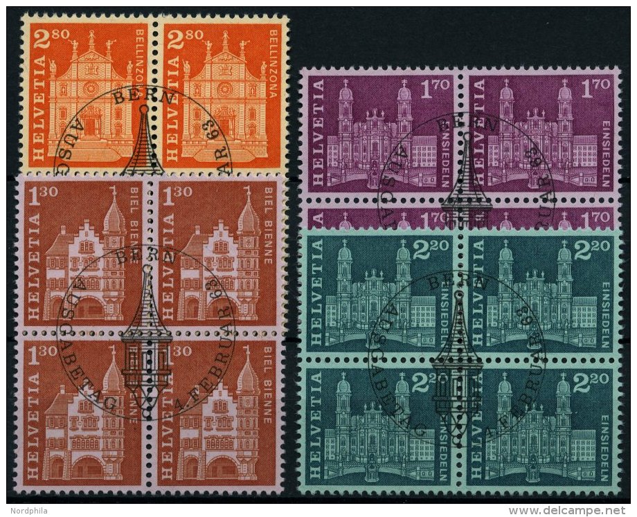 SCHWEIZ BUNDESPOST 764-67 VB O, 1963, Postgeschichtliche Motive Und Baudenkmäler In Viererblocks Mit Zentrischen Er - Oblitérés