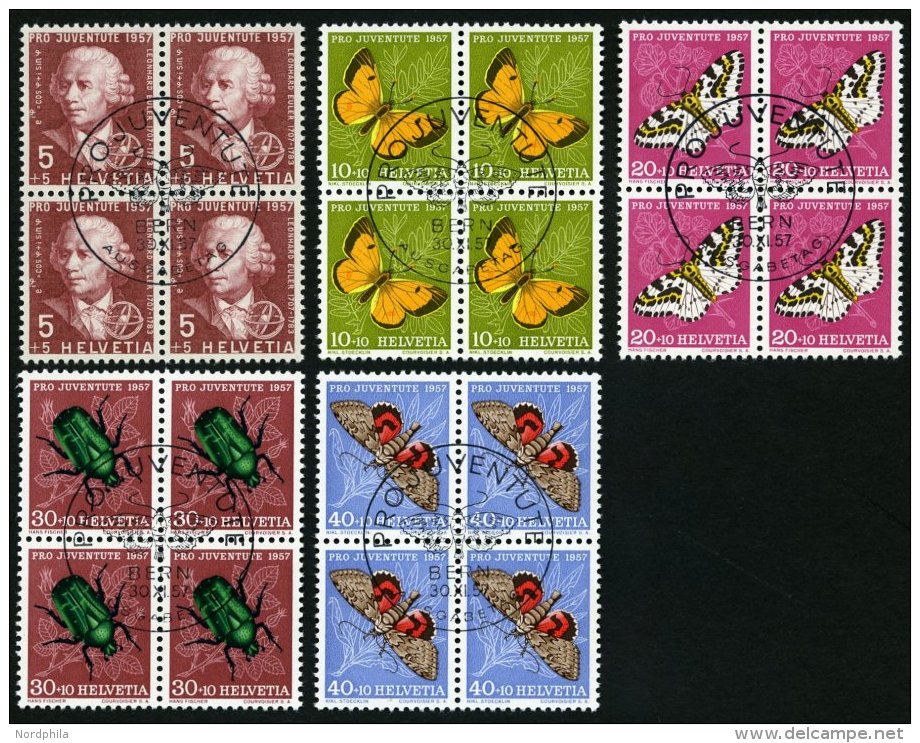 SCHWEIZ BUNDESPOST 648-52 VB O, 1957, Pro Juventute In Viererblocks Mit Zentrischen Ersttagsstempeln, Prachtsatz - Oblitérés