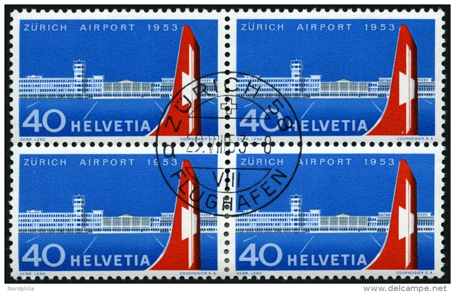 SCHWEIZ BUNDESPOST 585 VB O, 1953, Flughafen Zürich-Kloten Im Viererblock Mit Zentrischem Ersttagsstempel, Pracht - Oblitérés